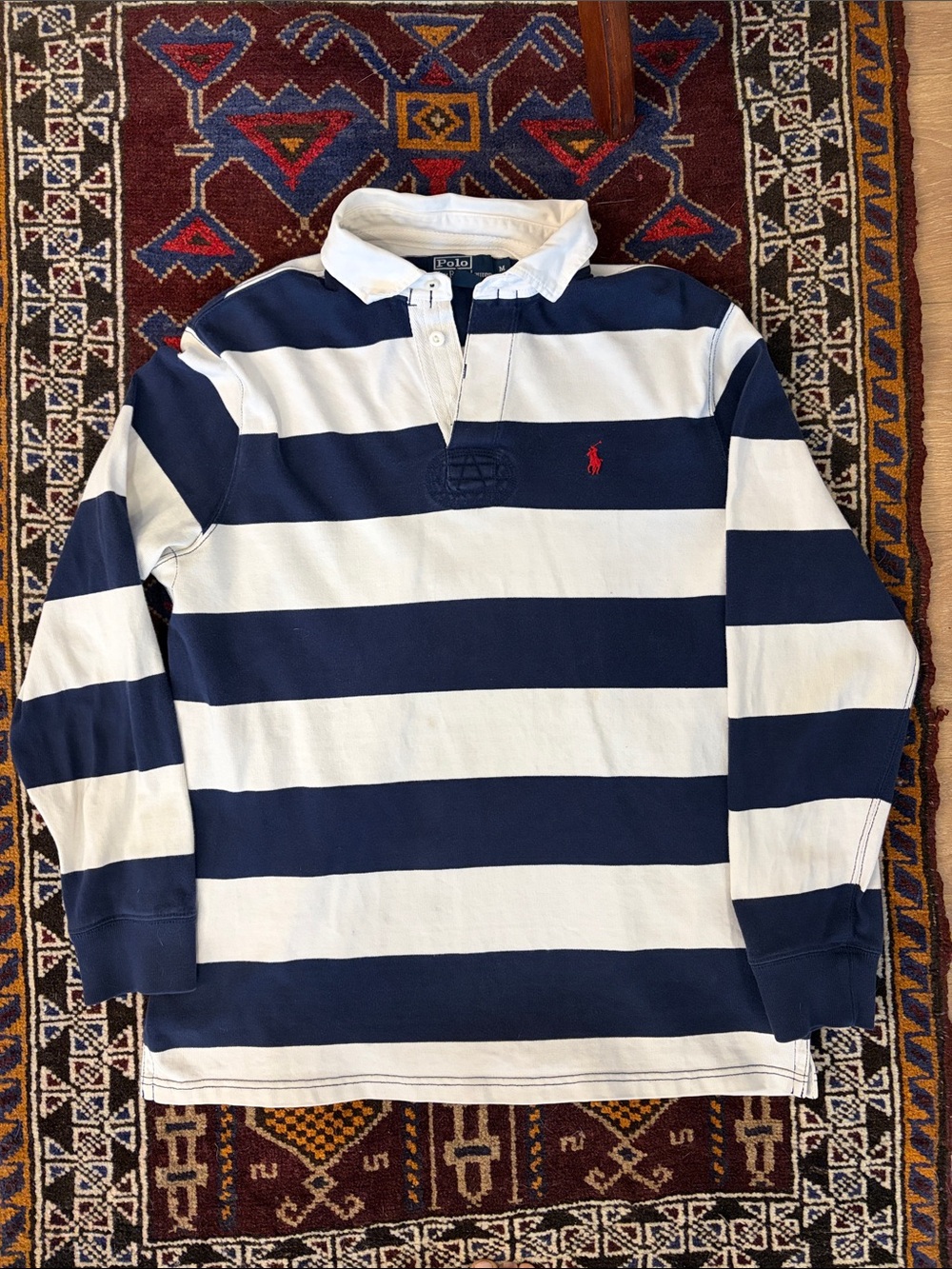 Polo by Ralph Lauren Navy & White Striped Rugby Shirt with Red Pony